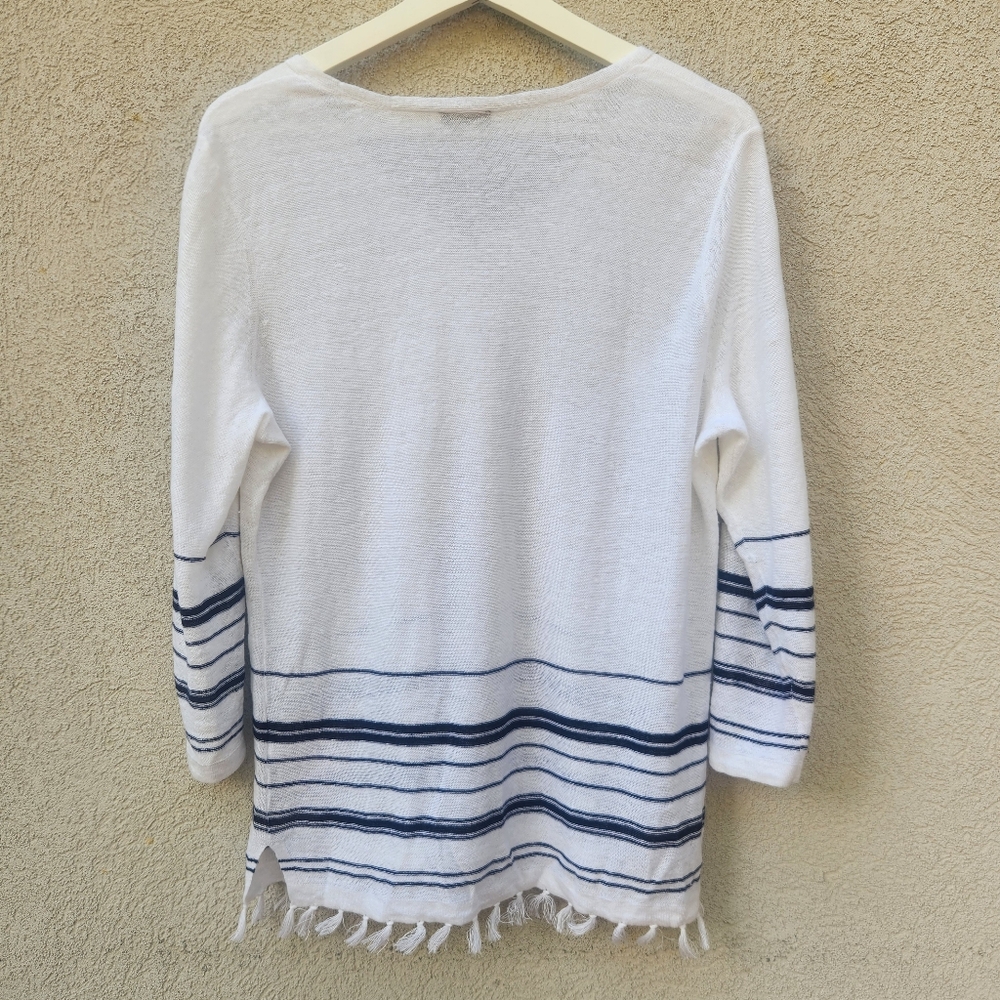 TALBOTS Women's Sweater Medium White 100% Linen Nautical Fringe Summer Beachy - Picture 5 of 10